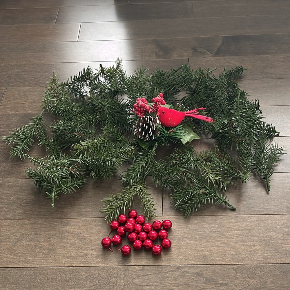 Christmas Pine Needles Holly Cardinal Bird Arrangement, Artificial Holiday Decor